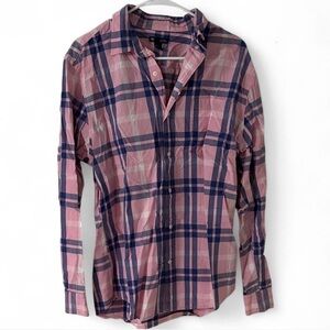 GAP Factory Men's Casual Pink and Navy Plaid Shirt